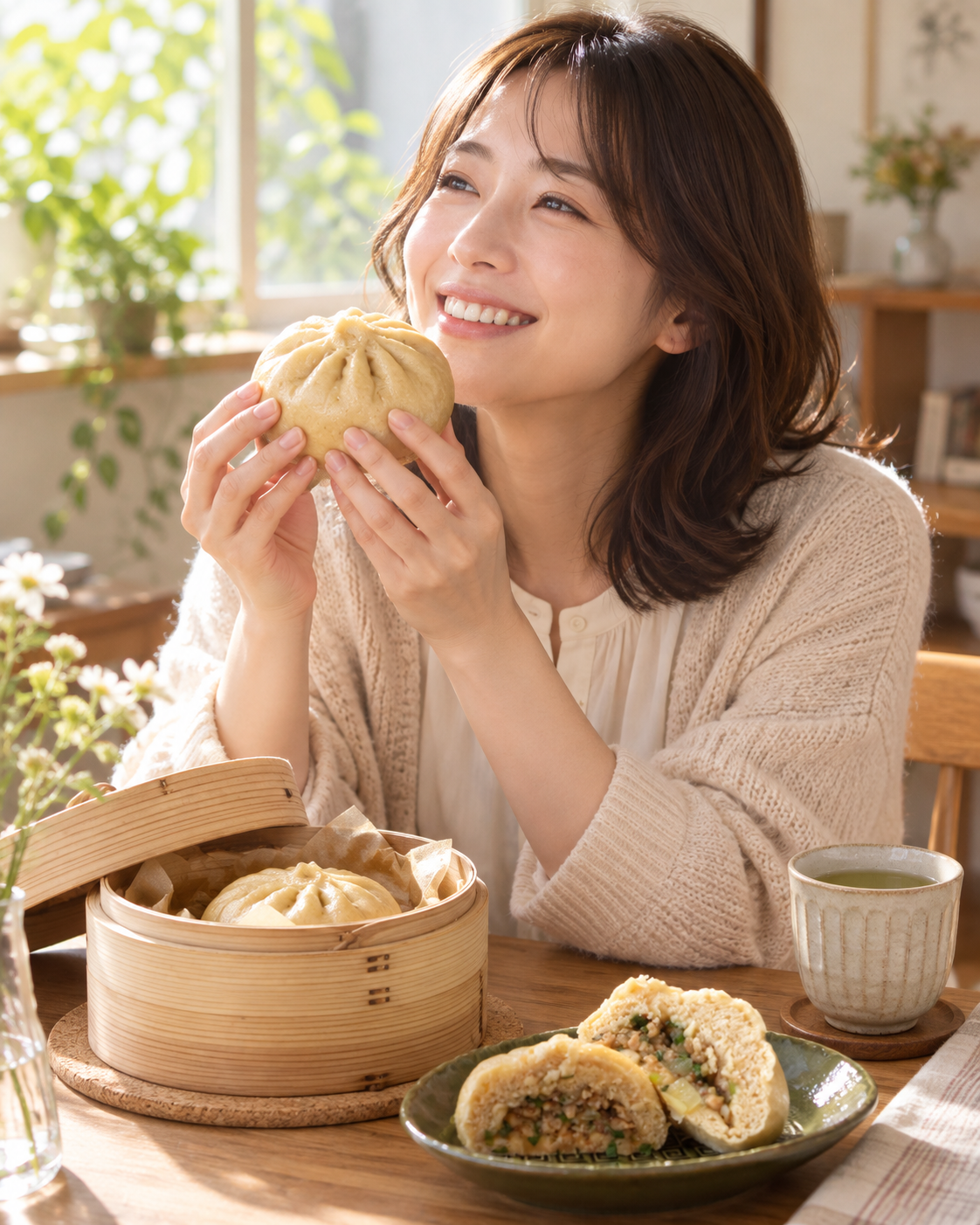 午後のおやつに香味ヘルシーまんを楽しむ女性